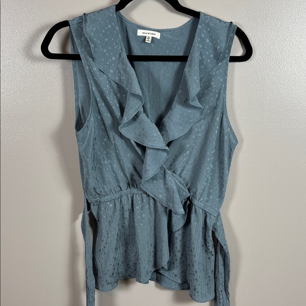 Max Studio Medium V-Neck Tie Front Ruffle Blouse